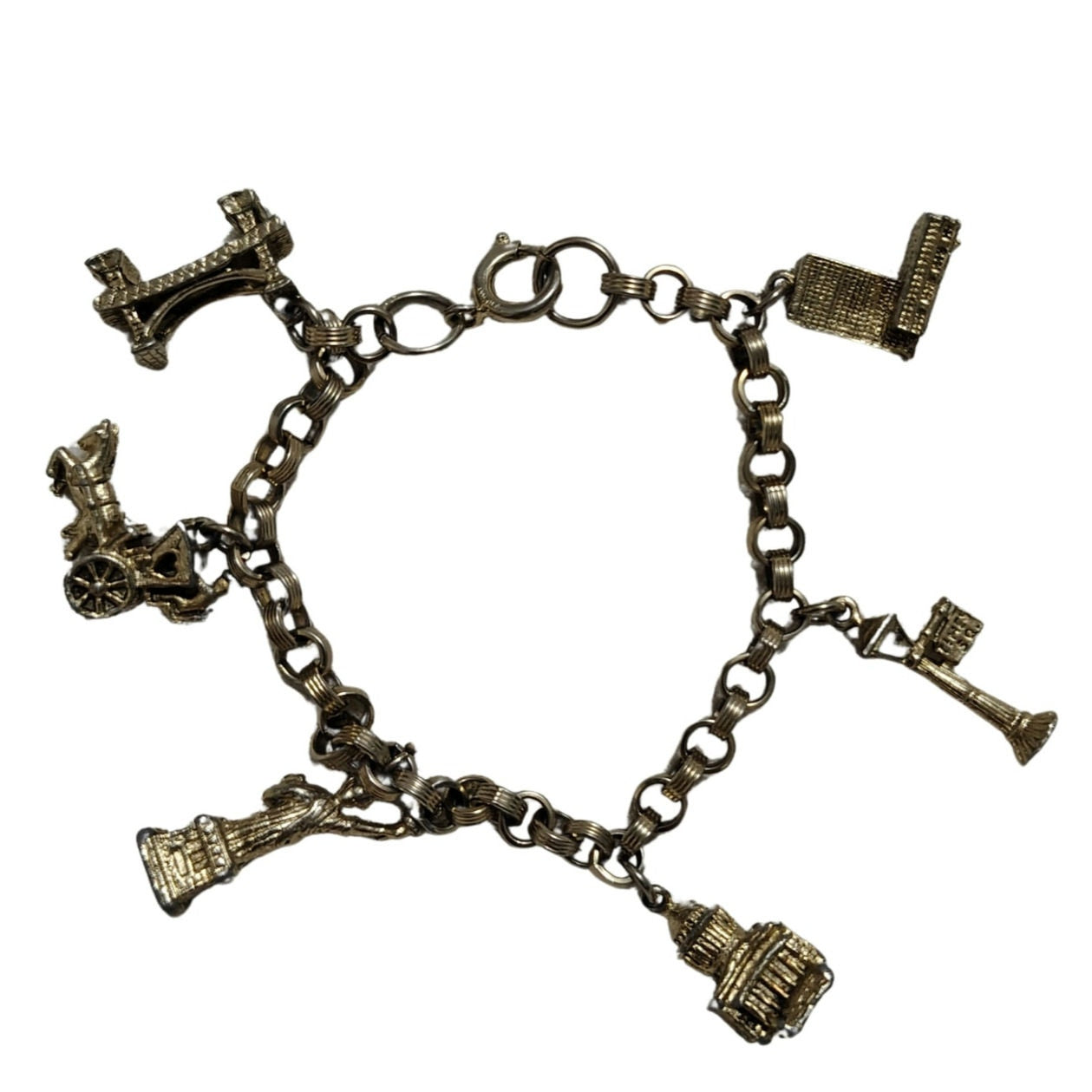 80s Charms Bracelet New York City Landmark Statue of Liberty Silver Tone Links