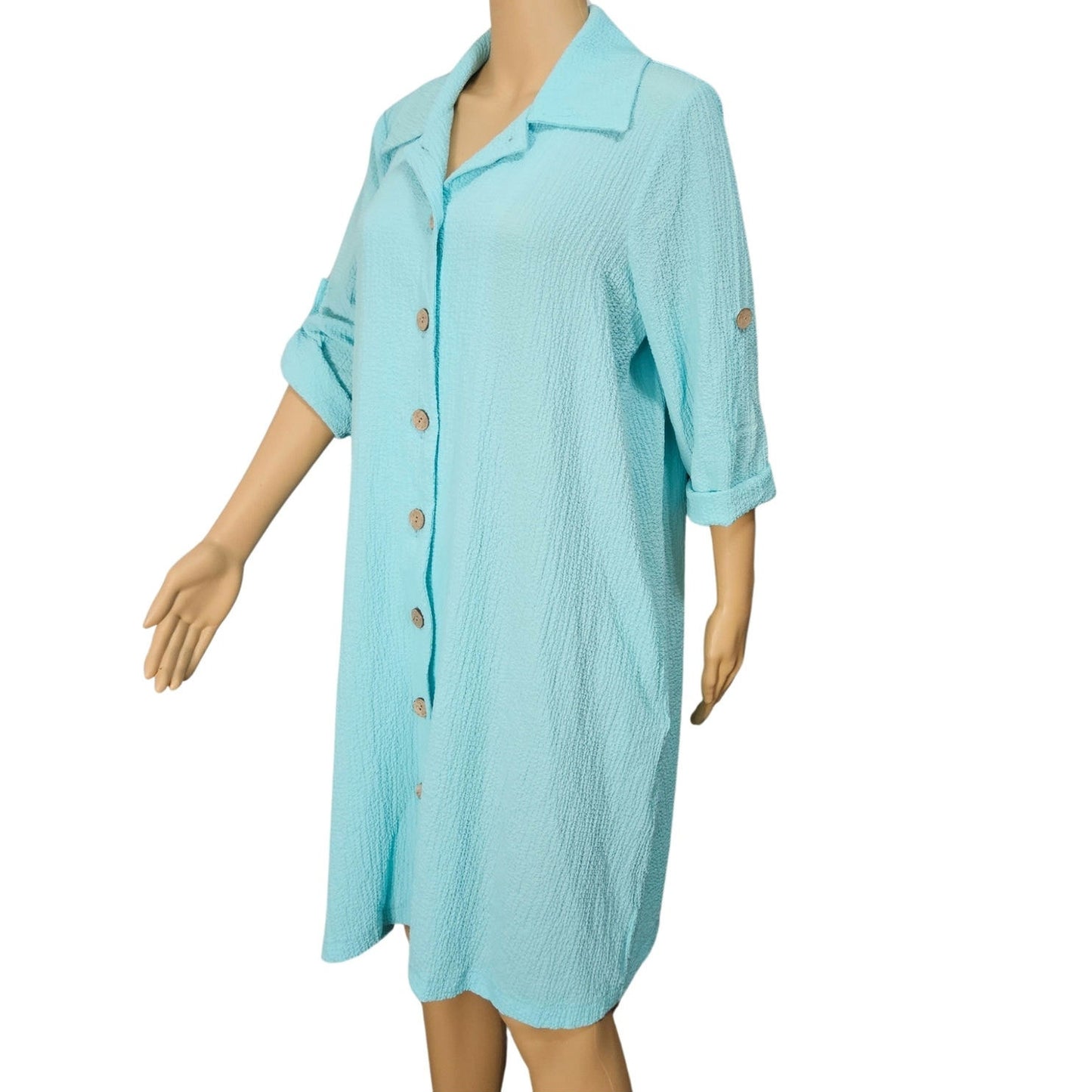 Nina Leonard Pebble Woven Tab Sleeve Tunic Blouse Fold Down Collar Top size Large