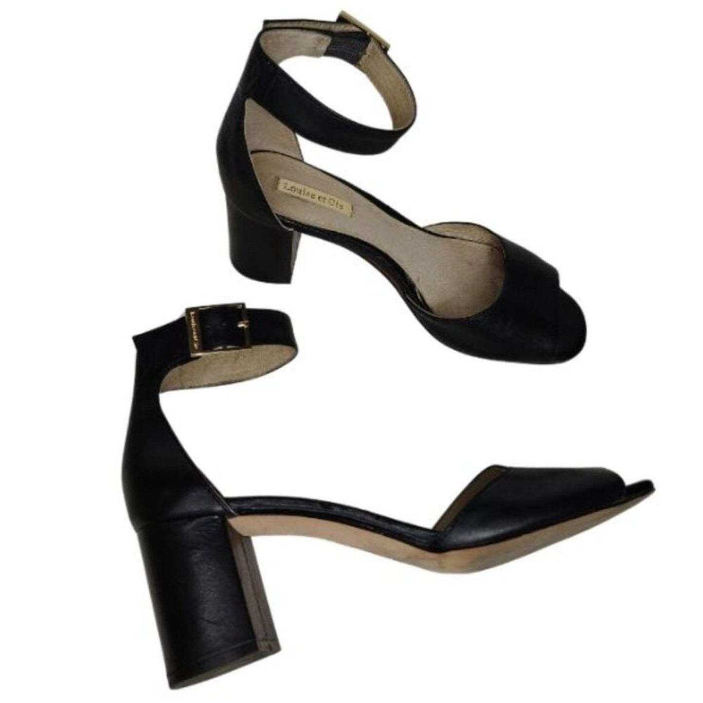 Louise et Cie Karisa Black Leather Ankle Strap Open Toe Block Heel Size 7M