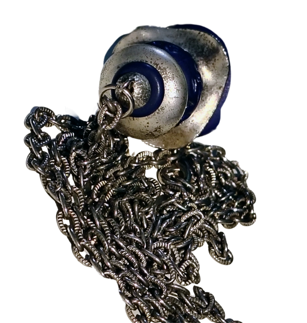 80s Purple Stacked Beads Silver Tone Heart Long Chain Link Statement Necklace