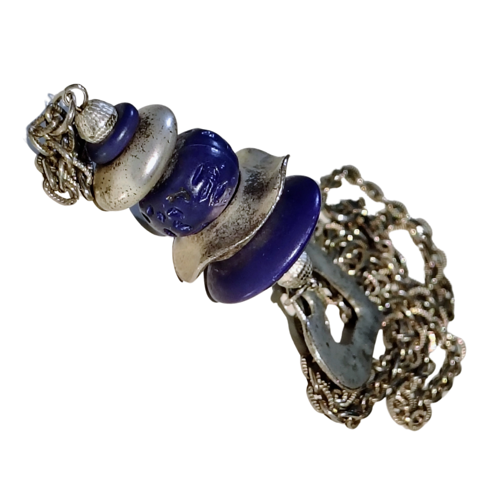 80s Purple Stacked Beads Silver Tone Heart Long Chain Link Statement Necklace