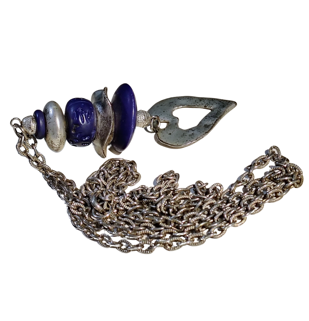 80s Purple Stacked Beads Silver Tone Heart Long Chain Link Statement Necklace