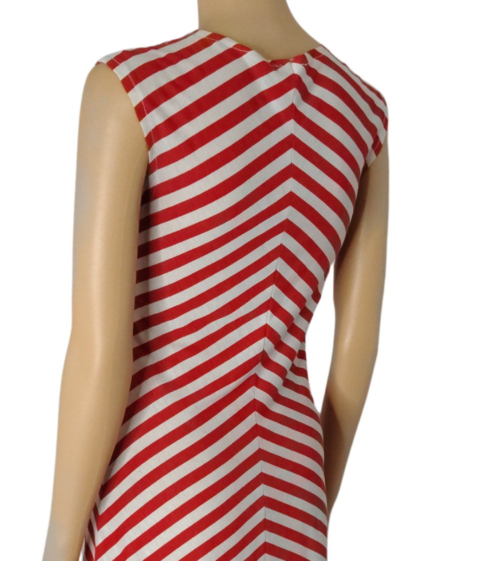 1970s Red White Bodycon Striped Fit Flare Sleeveless V Neck Dress Size Small