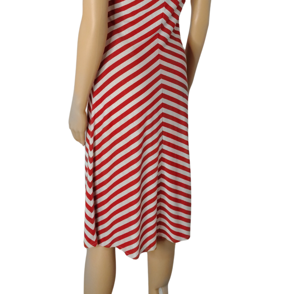 1970s Red White Bodycon Striped Fit Flare Sleeveless V Neck Dress Size Small
