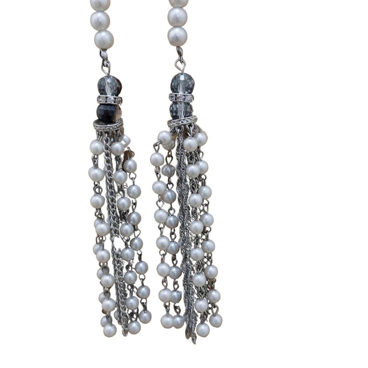 Vintage Cream Chain Link Faux Pearl Silver Tone Long Lariat Tassel Necklace