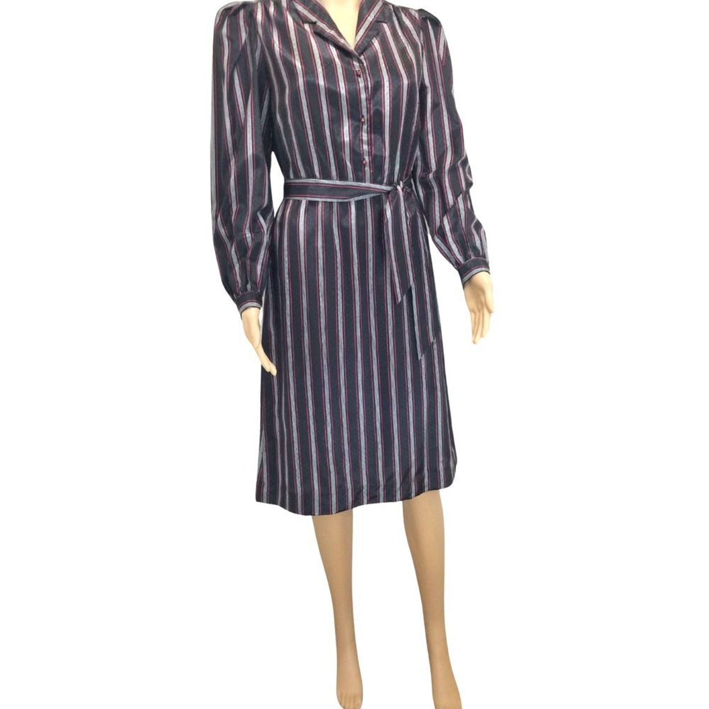 1980s Striped Metallic Long Sleeve Midi Dress Button Up Belted Vintage Size 7/8
