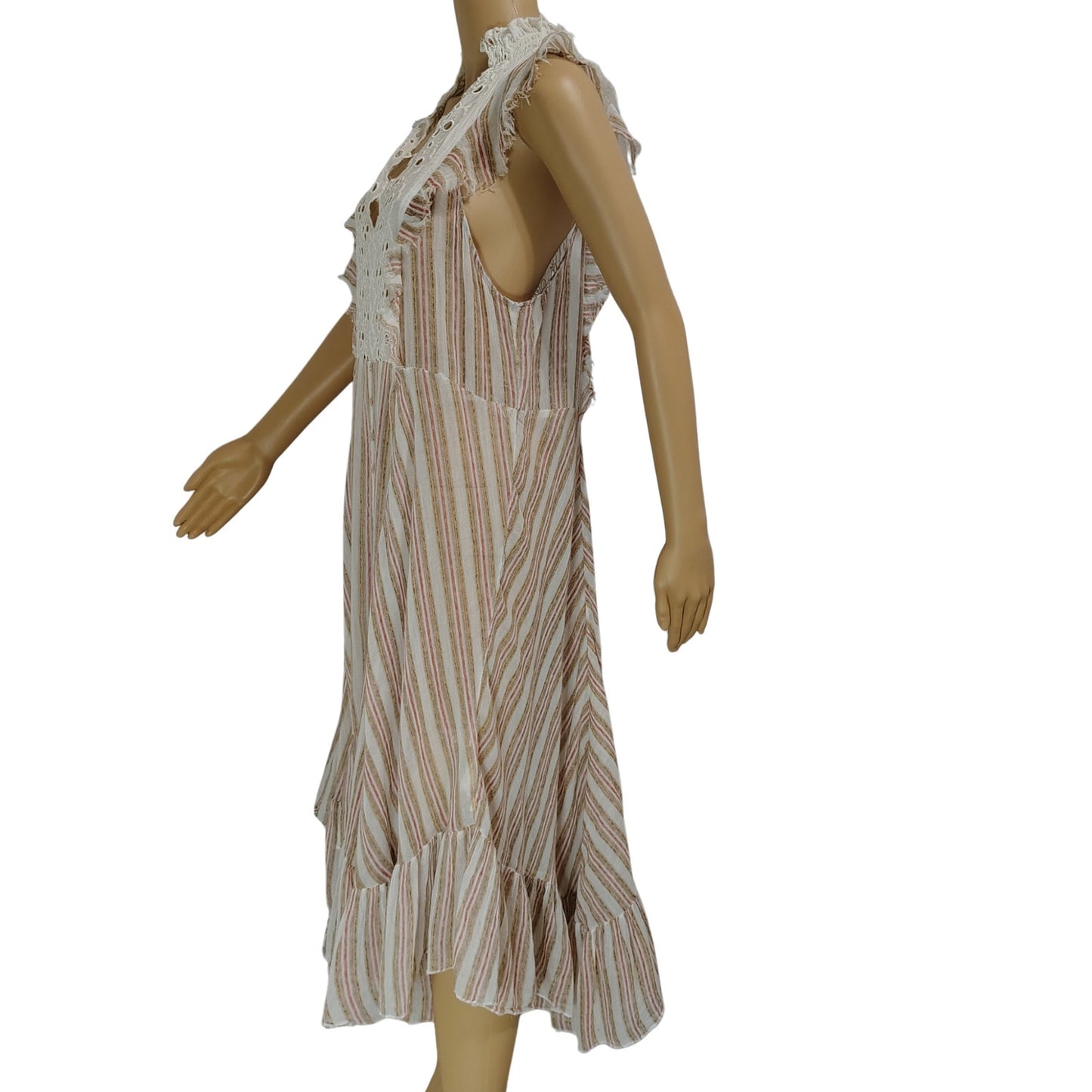 FP One Boho Brown White Flowy Caraway Stripe Sheer Uneven hem Long Dress Size Large