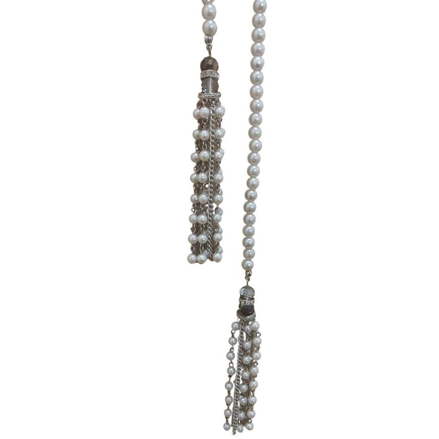 Vintage Cream Chain Link Faux Pearl Silver Tone Long Lariat Tassel Necklace