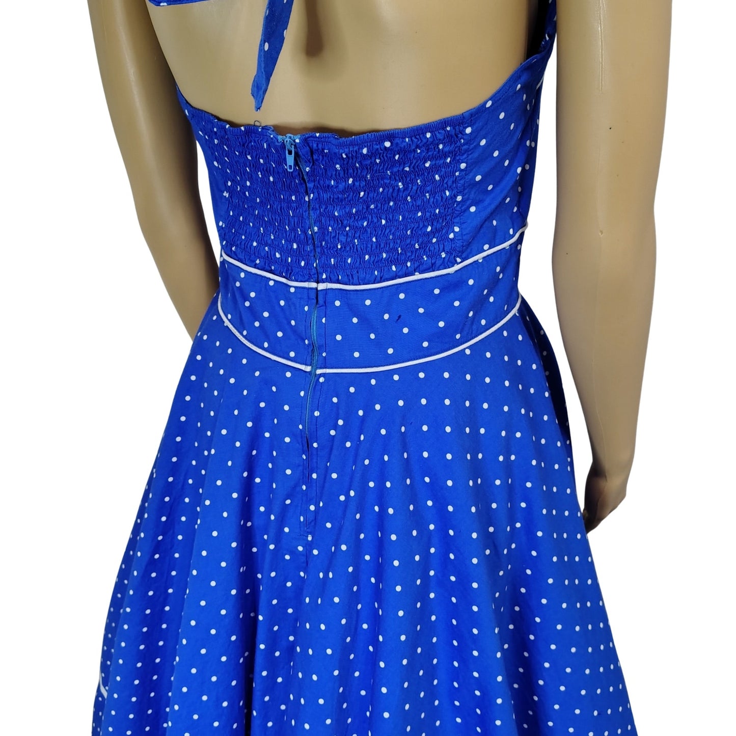 Hell Bunny Rockabilly Dress Blue White Halter Polka Dot Fit Flare Pinup Size Medium