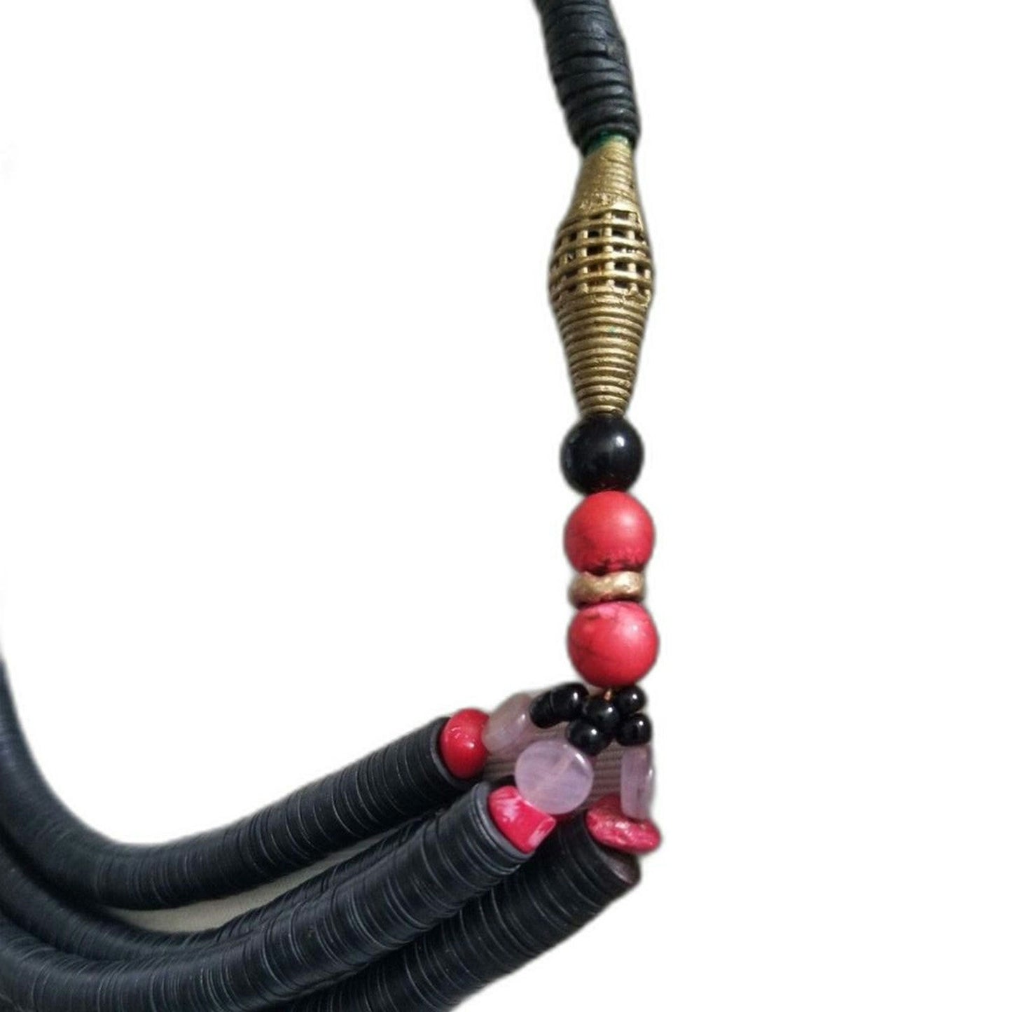 Vintage African Bohemian Boho Shell Beaded Statement Necklace Black Purple Red