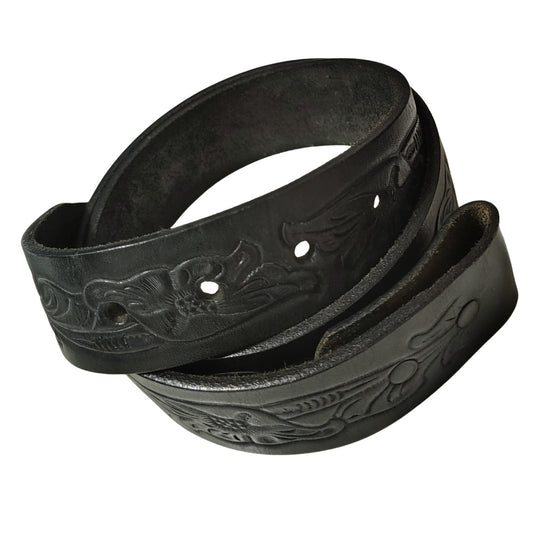 1990s Bebe Replacement Genuine Leather Belt Strap Tooled Engraved Floral Snap Closure