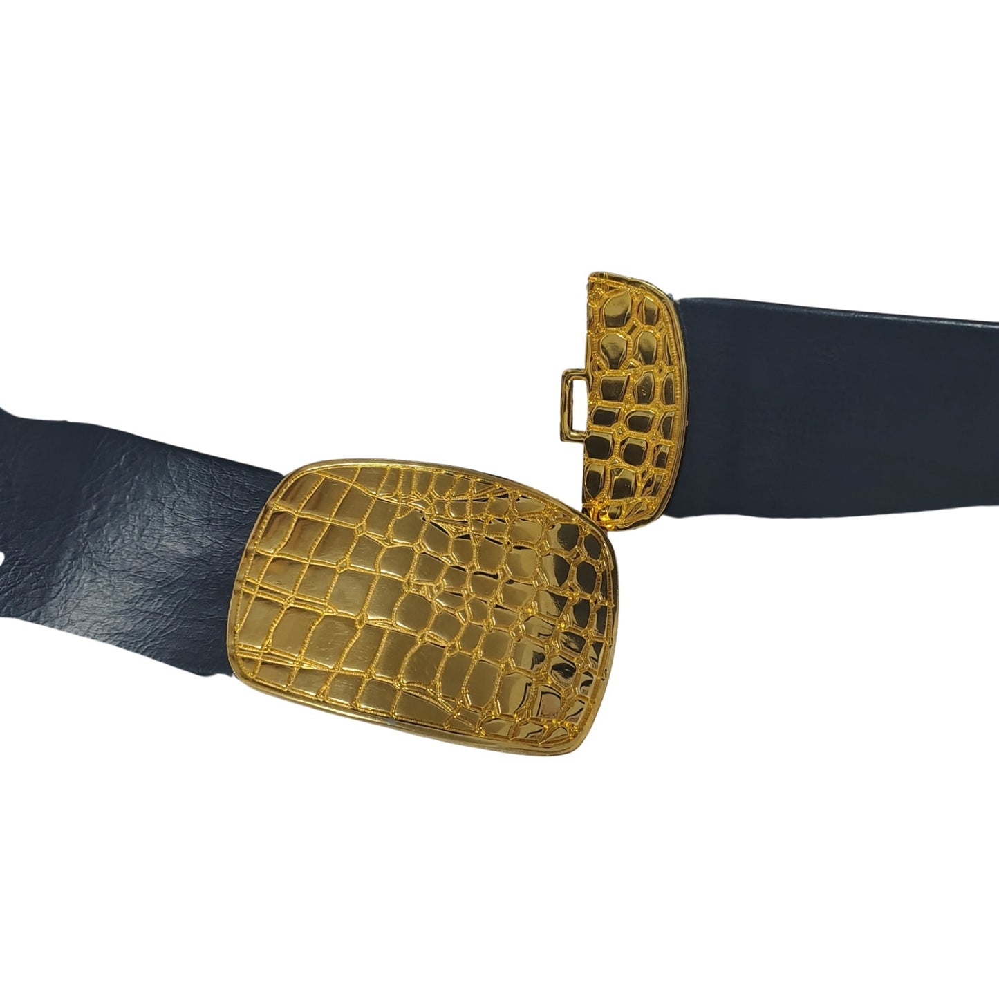 Wide Blue Leather Belt Gold Crocodile Print Huge Belt Buckle Hook Closure OS