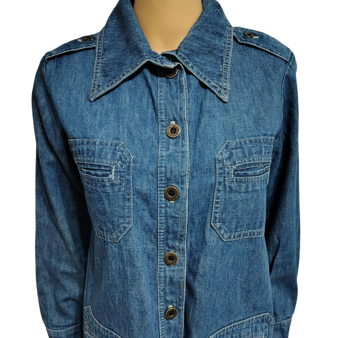 1970s Denim Wingtip Button Up Multiple Pockets Jacket Work Leisure Womens SZ 12