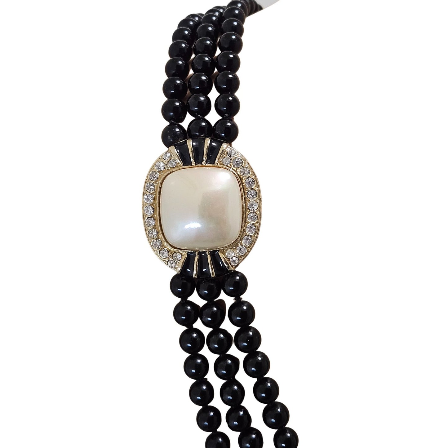 Vintage Black Glass Bead Triple Strand Square Pearl Crystal Statement Necklace