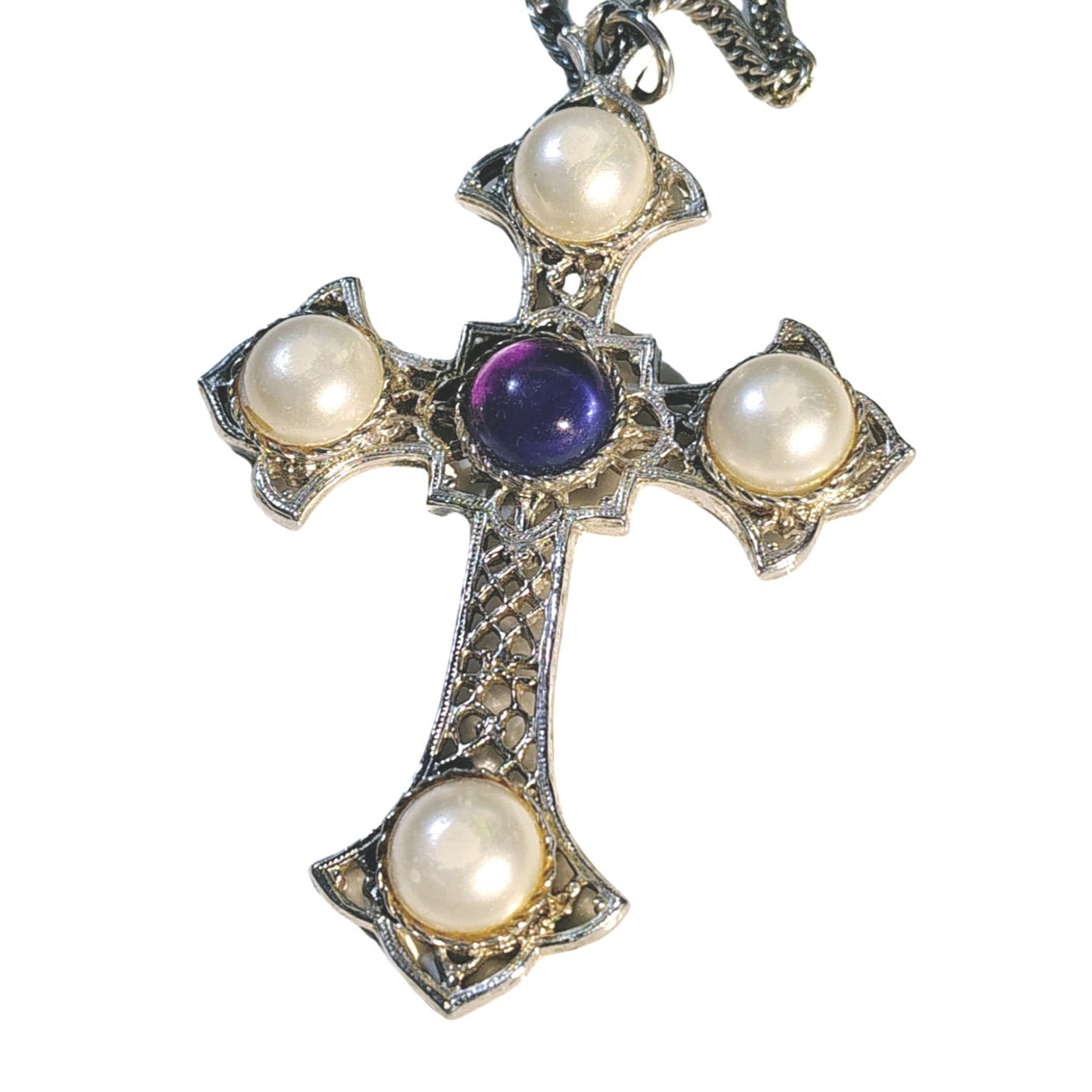 70s Vintage Sarah Coventry Silver Cross Pendant Necklace Amethyst Faux Pearls