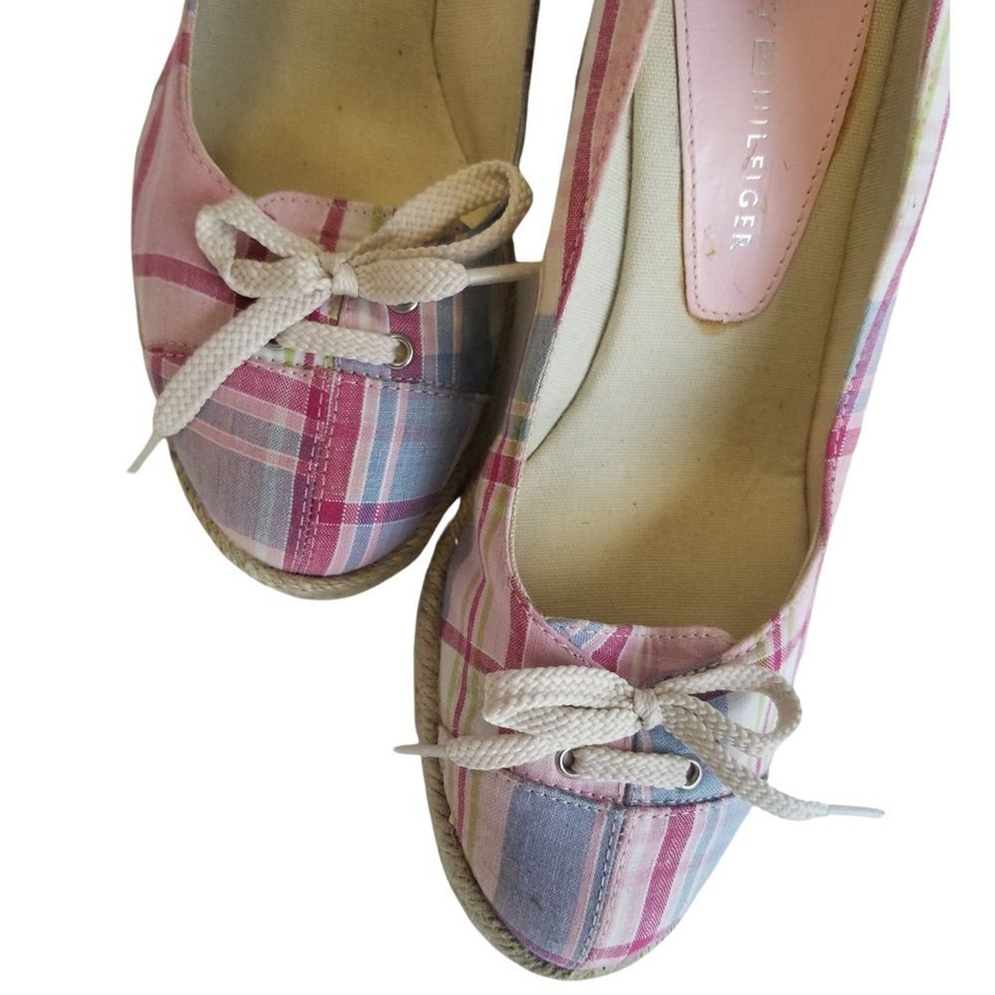 Pink Plaid Wedge High Heels with Bowtie Espadrilles Round Toe Heels Size 7