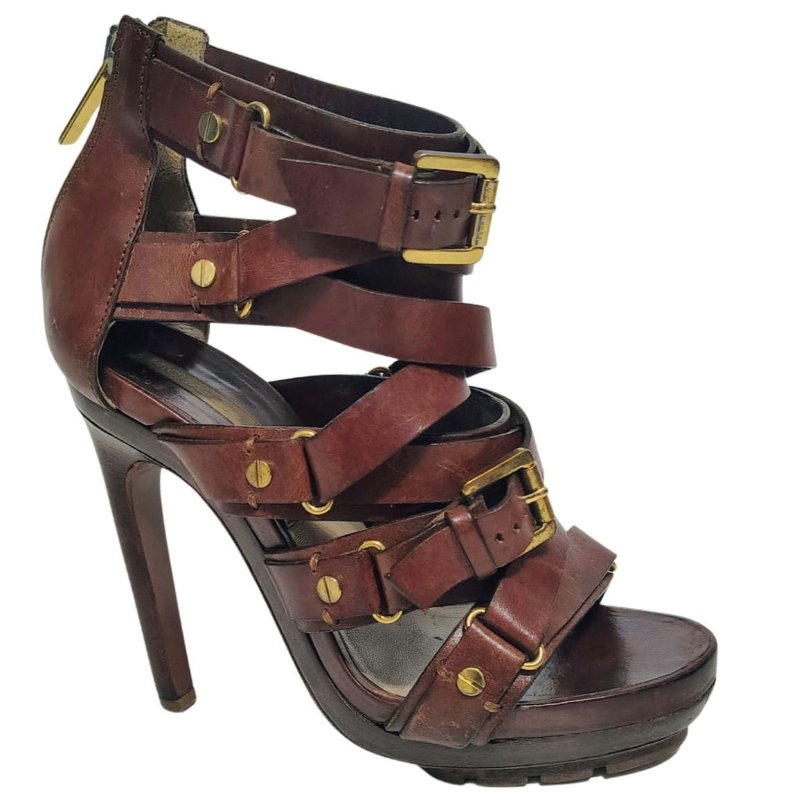 Michael Kors Collection Extreme Strap Brown Leather Platform Gladiator Size 9.5