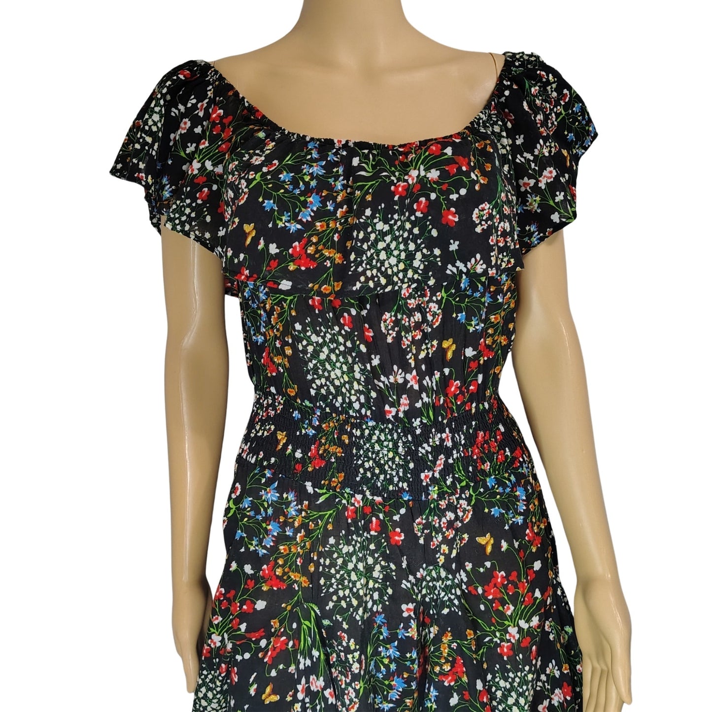 Chelsea & Theodore Floral Peasant Fit Flare Maxi Sundress Smocked Waist Size Medium