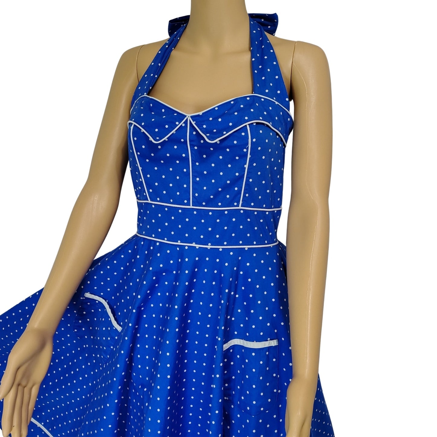 Hell Bunny Rockabilly Dress Blue White Halter Polka Dot Fit Flare Pinup Size Medium