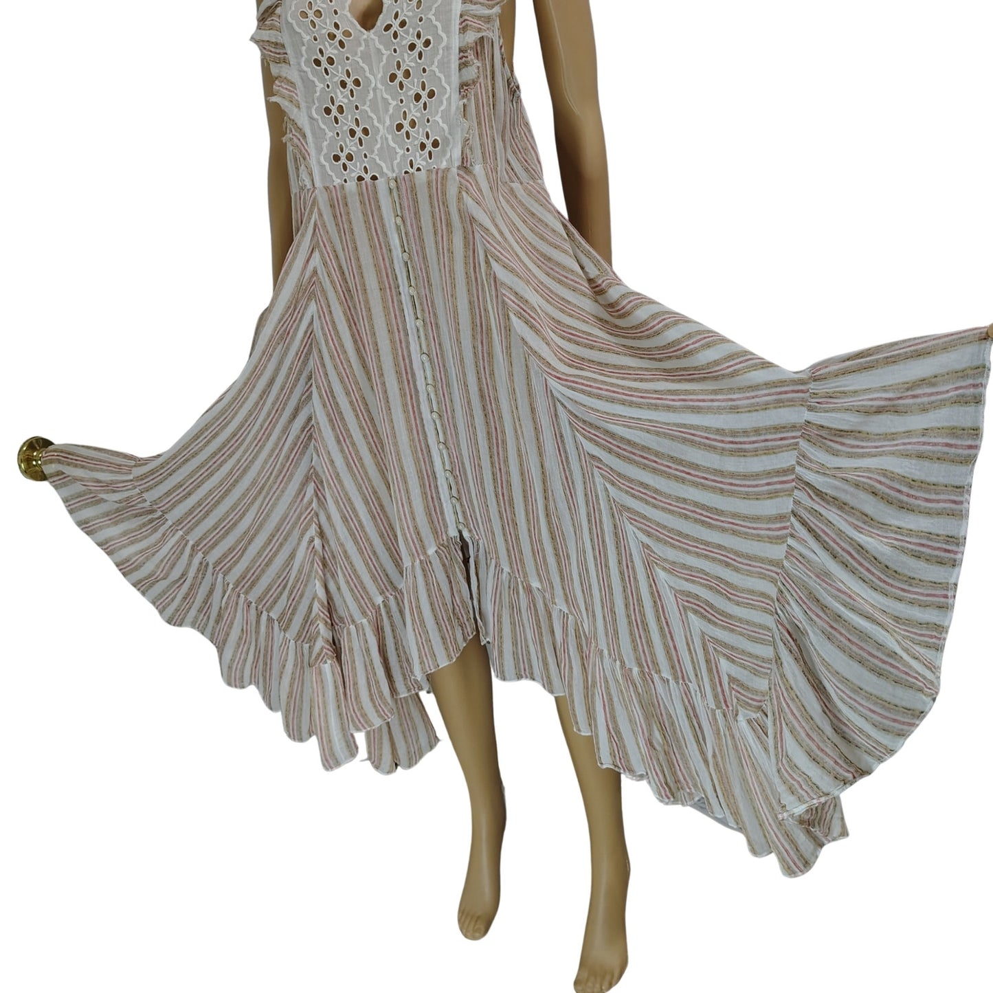 FP One Boho Brown White Flowy Caraway Stripe Sheer Uneven hem Long Dress Size Large