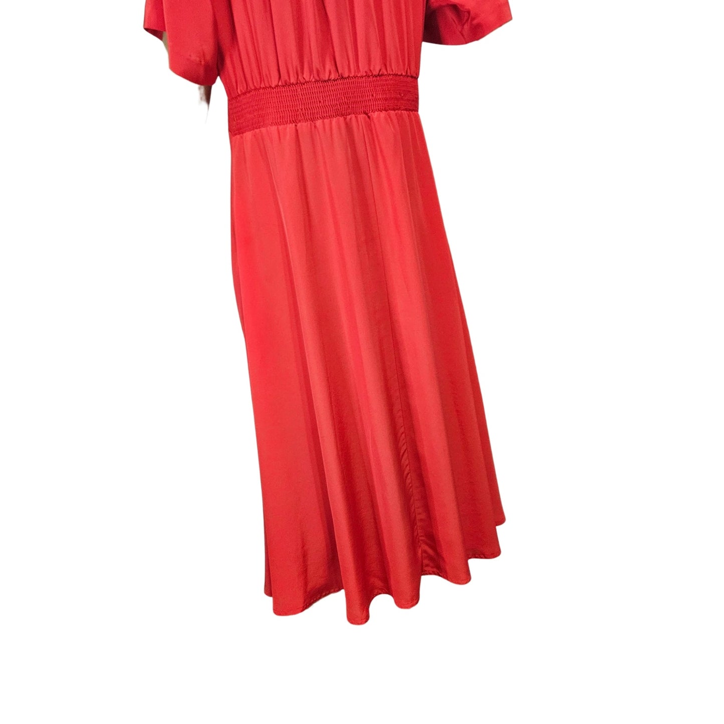 1990s Raoul Tomatoe Red Ruched Waist Short Sleeve Button Up Collar Dress Size 8