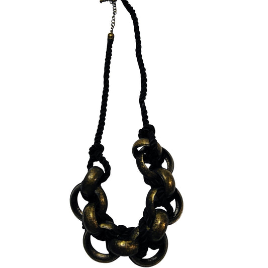 Vintage Huge Metal Rings on Black Cord Statement Necklace Adjustable Chain Link