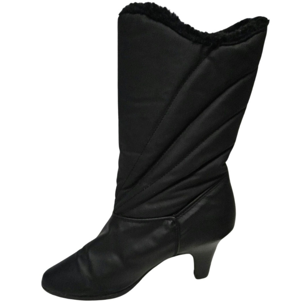1980s Black Waterproof Rainboots 3 Inch Pump Heel Narrow Faux Fur Lining Size 7