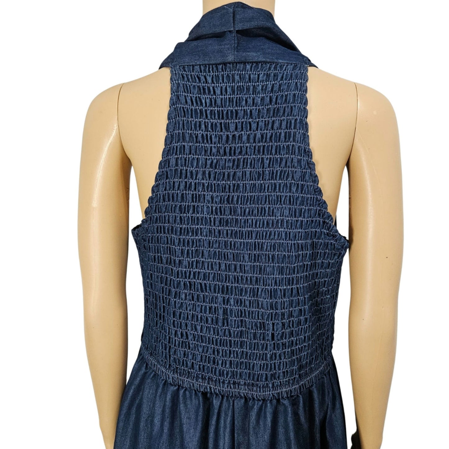 Jean Shirred Racerback Elephant Extra Wide Leg Blue Denim Romper V Neck Size XL