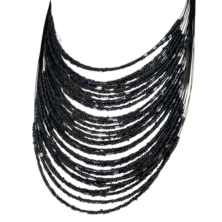 Gray Layered 30 Strand Floating Seed Beads Adjustable Statement Necklace