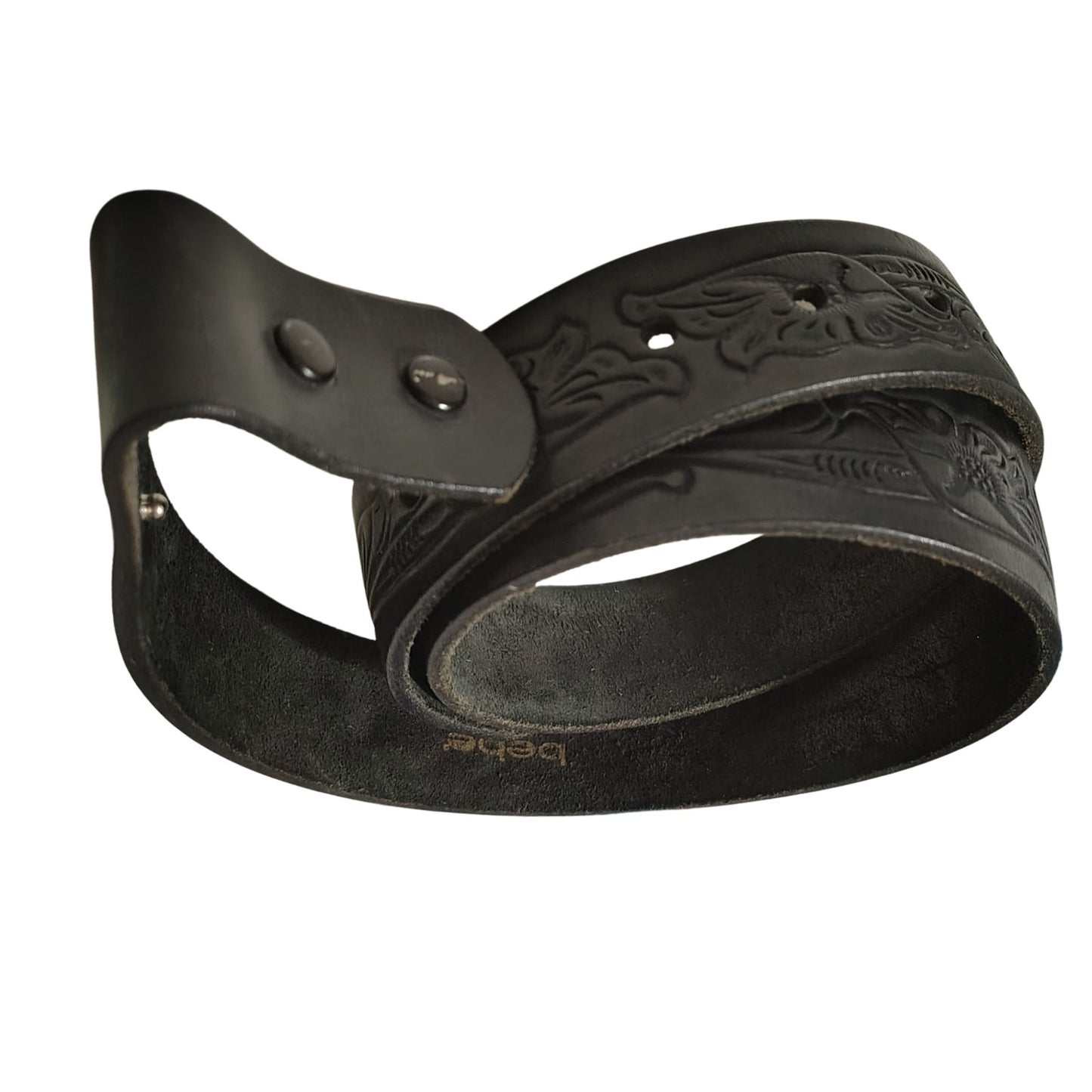 1990s Bebe Replacement Genuine Leather Belt Strap Tooled Engraved Floral Snap Closure