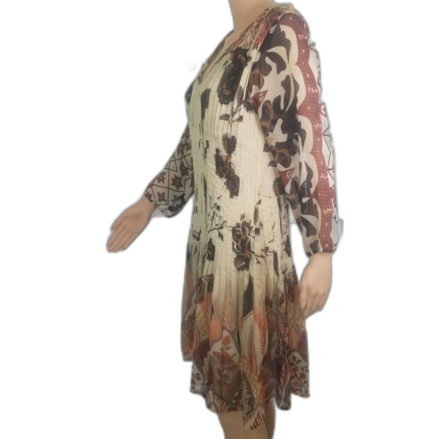 Desigual by Christian Lacroix Brown Pleated Floral Midi Long Sleeve Dress Size 8