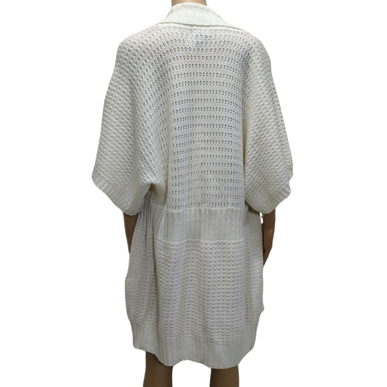 1990s Knit Wool Cardigan Cream Long Boho Open Front Short Sleeve Sweater Size L