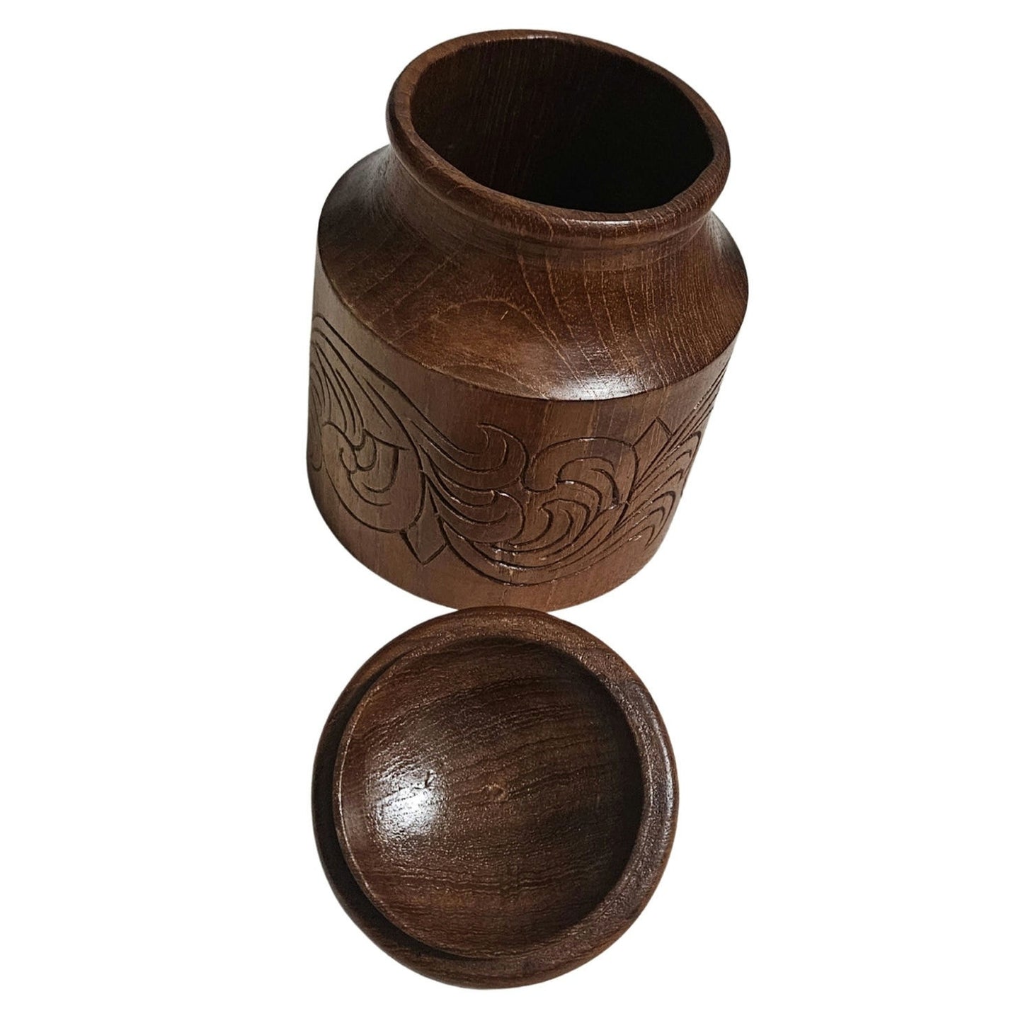 1960s Teak Wood Hand Carved Tea Canister With Lid Round Container Tiki Jar