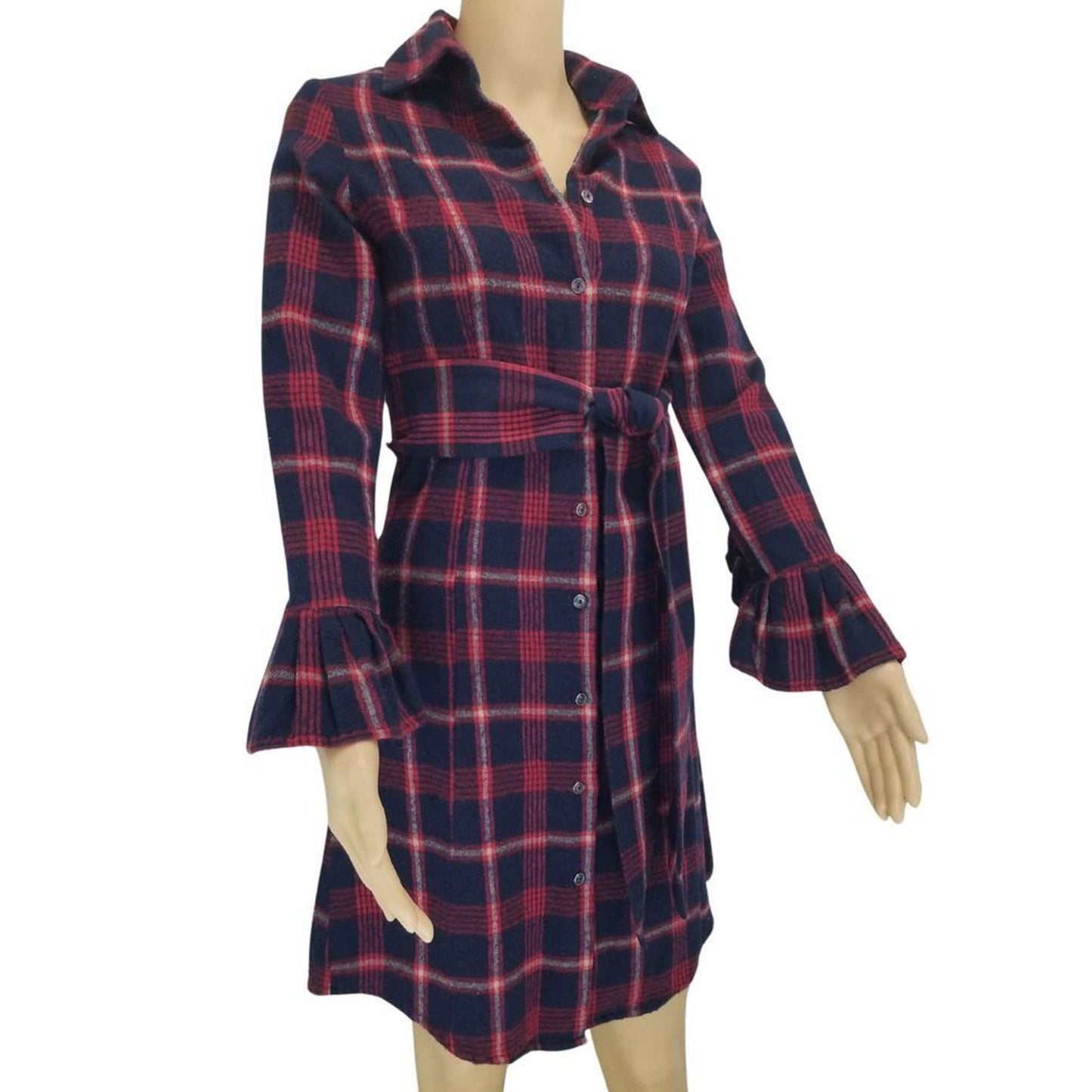 VINTAGE Our Fine Garments by Bell Red Plaid Flannel Button Up Shirt Dress SZ Sm