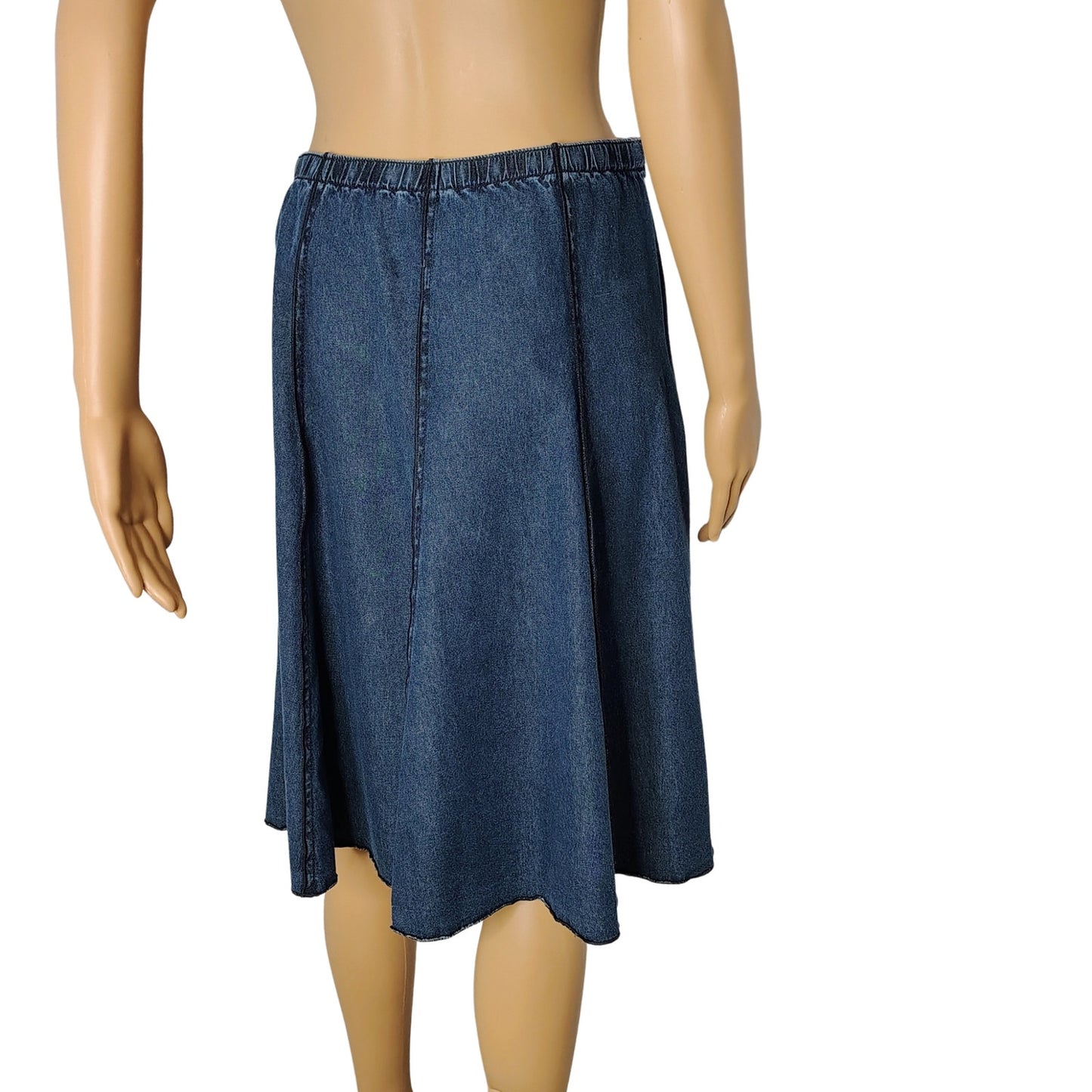 J Jill 100% Cotton Midi Denim Blue Panel Flare Skirt Elastic Waistband Size XSP