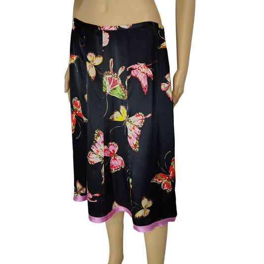 100% Silk Butterfly Print Pink Black Gerard Darel A Line Skirt Size 6 US 42 EU