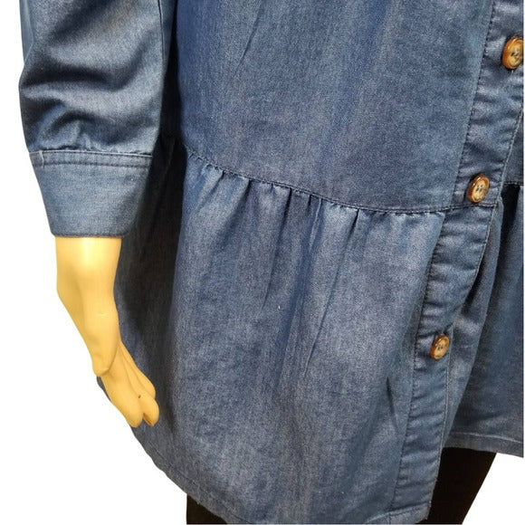 Derek Heart Blue Jean Tiered Button Up Shirt Shacket Size Medium
