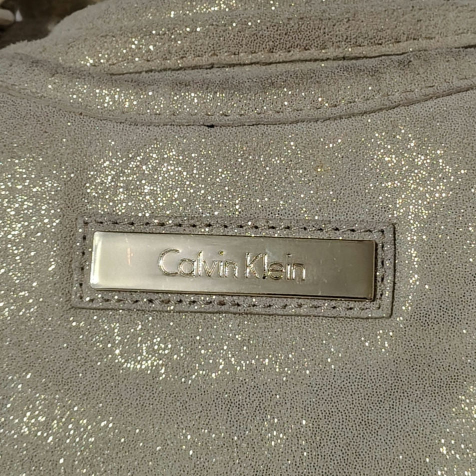 Cream Suede Gold Metallic Calvin Klein Shoulder Bag Double Handle 3 Compartments