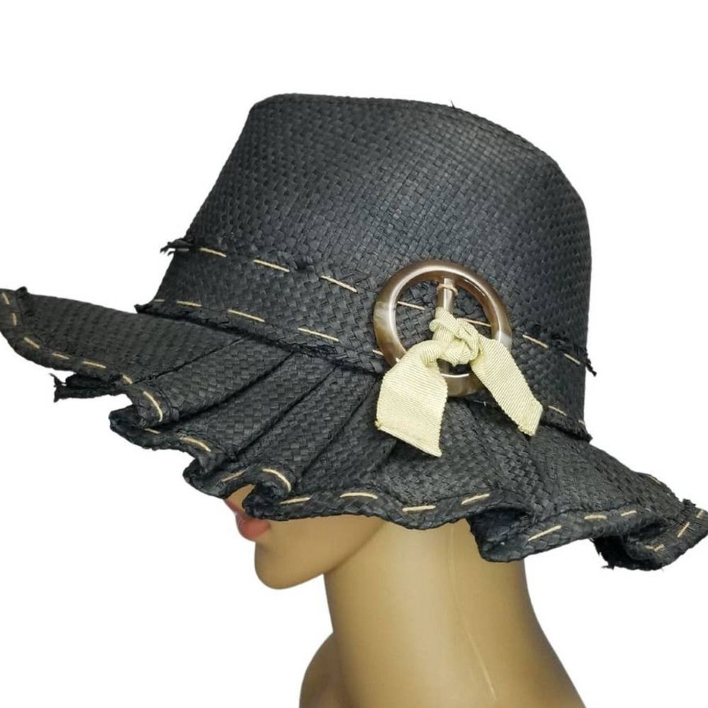 MAGID HATS Pleated Paper Fedora Straw Black Hat Band Seam Detail Size 8 1/2