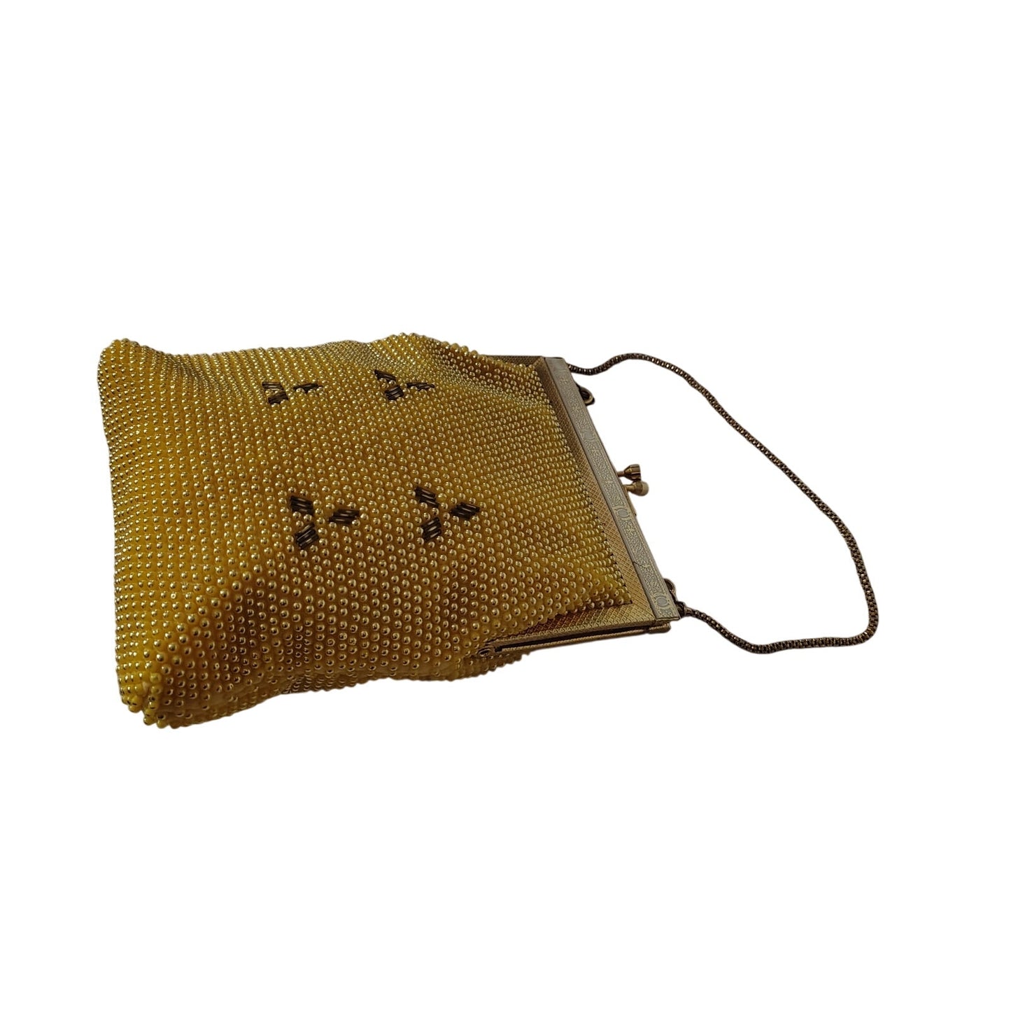 Vintage Yellow & Gold Tone Bubble Beaded Chain Handle Rectangle Evening Hand Bag