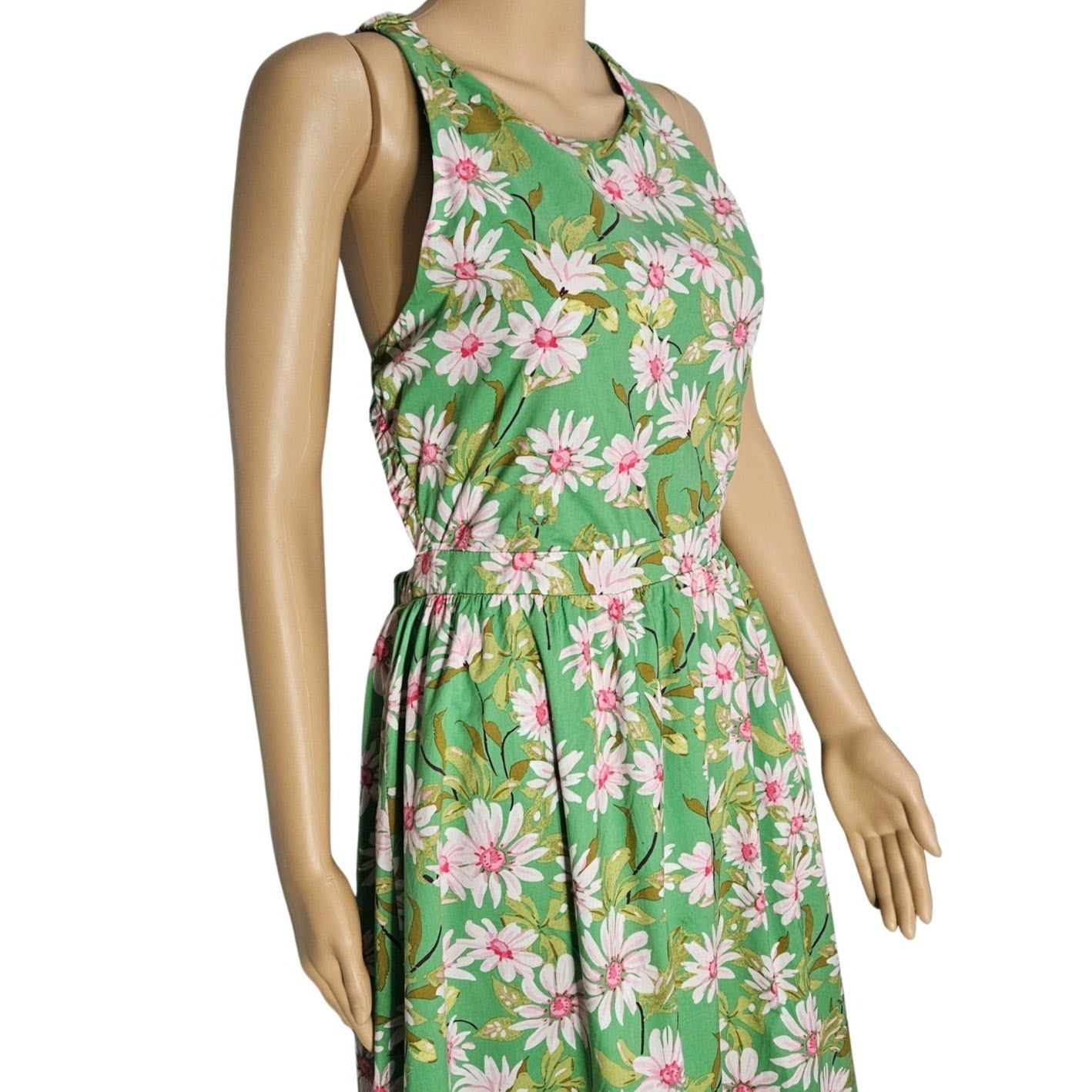 Storia Green Maxi Dress Pink Daisies Crisscross Strappy Top Open Back Size Large