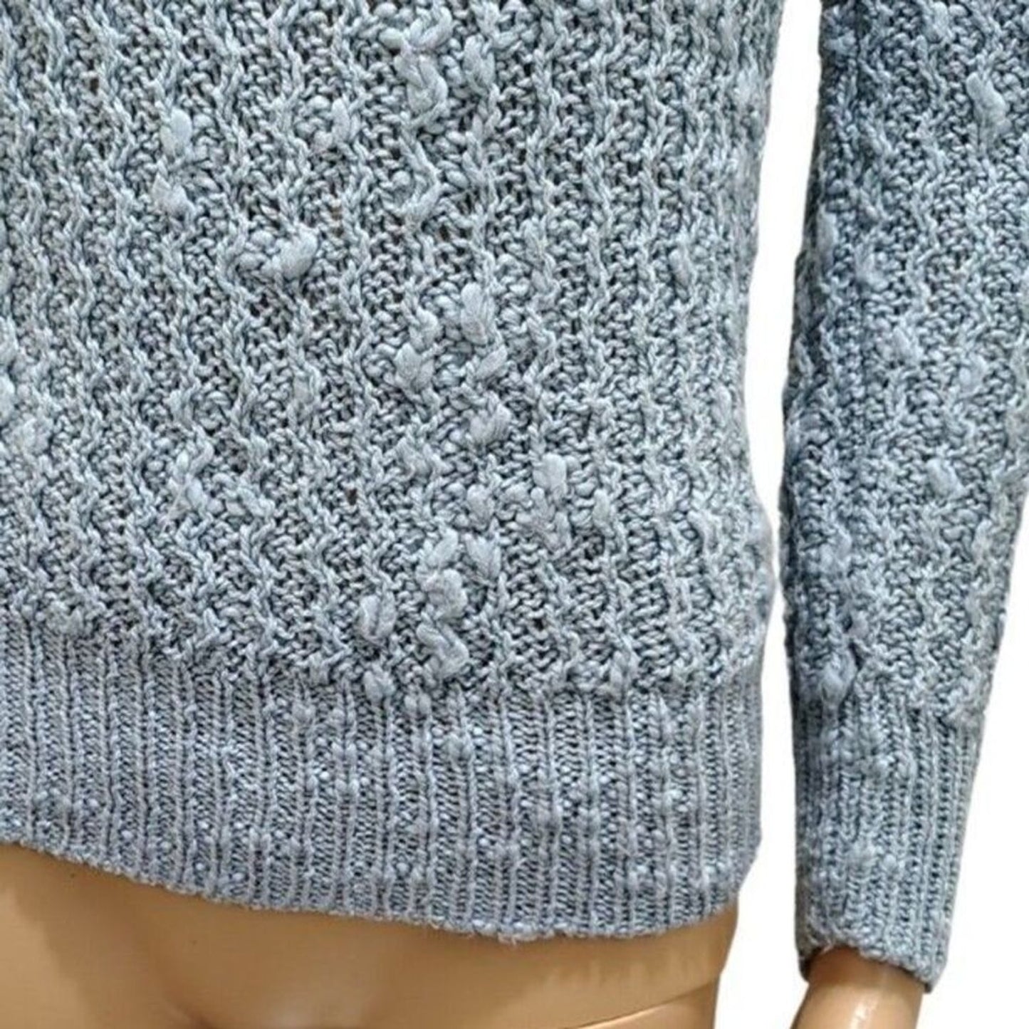 70s Vintage Blue Knit Wave Design Long Sleeve Boat Neck Fitted Sweater