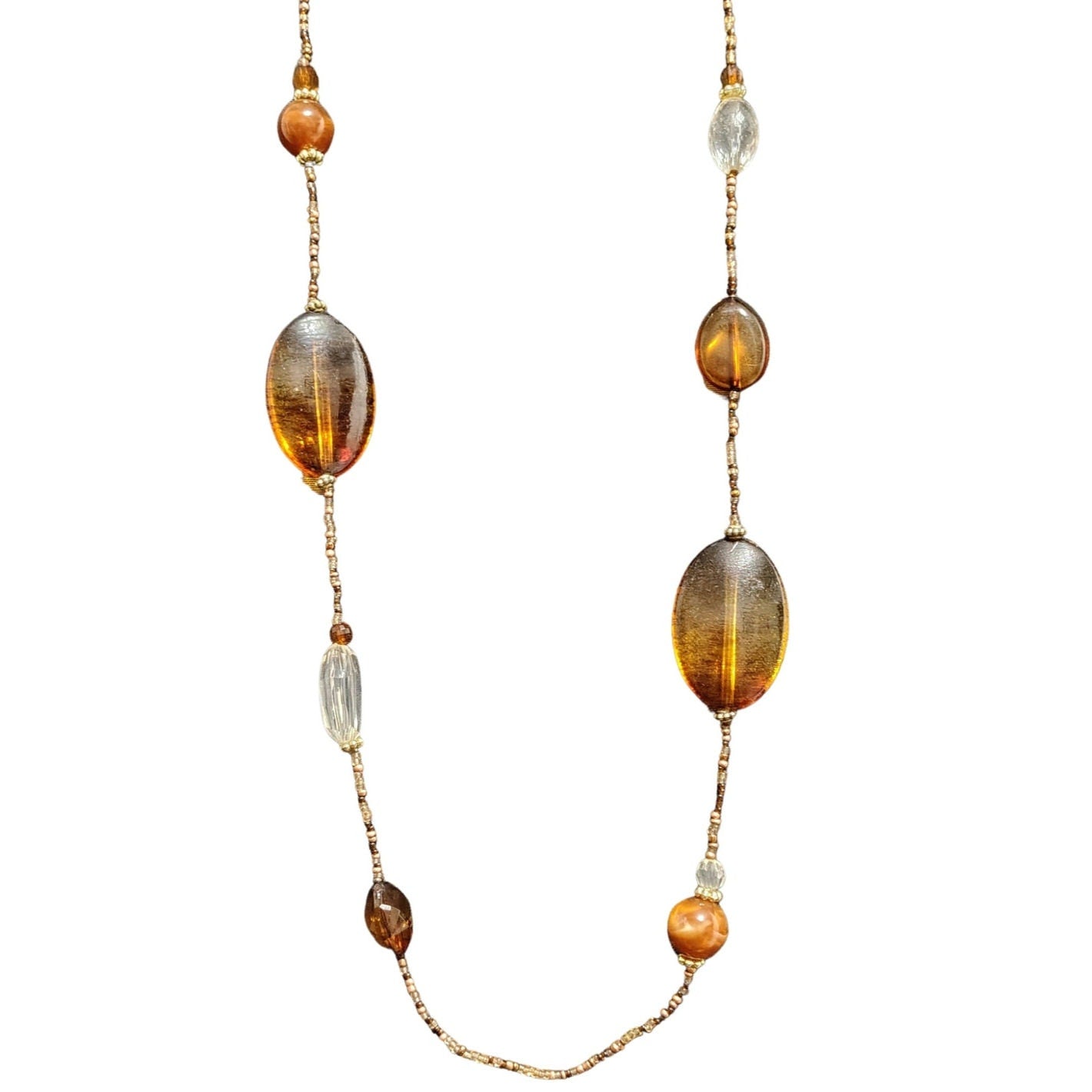 Brown Faux Amber Beads Opera Length Single Strand Pullover Statement Necklace