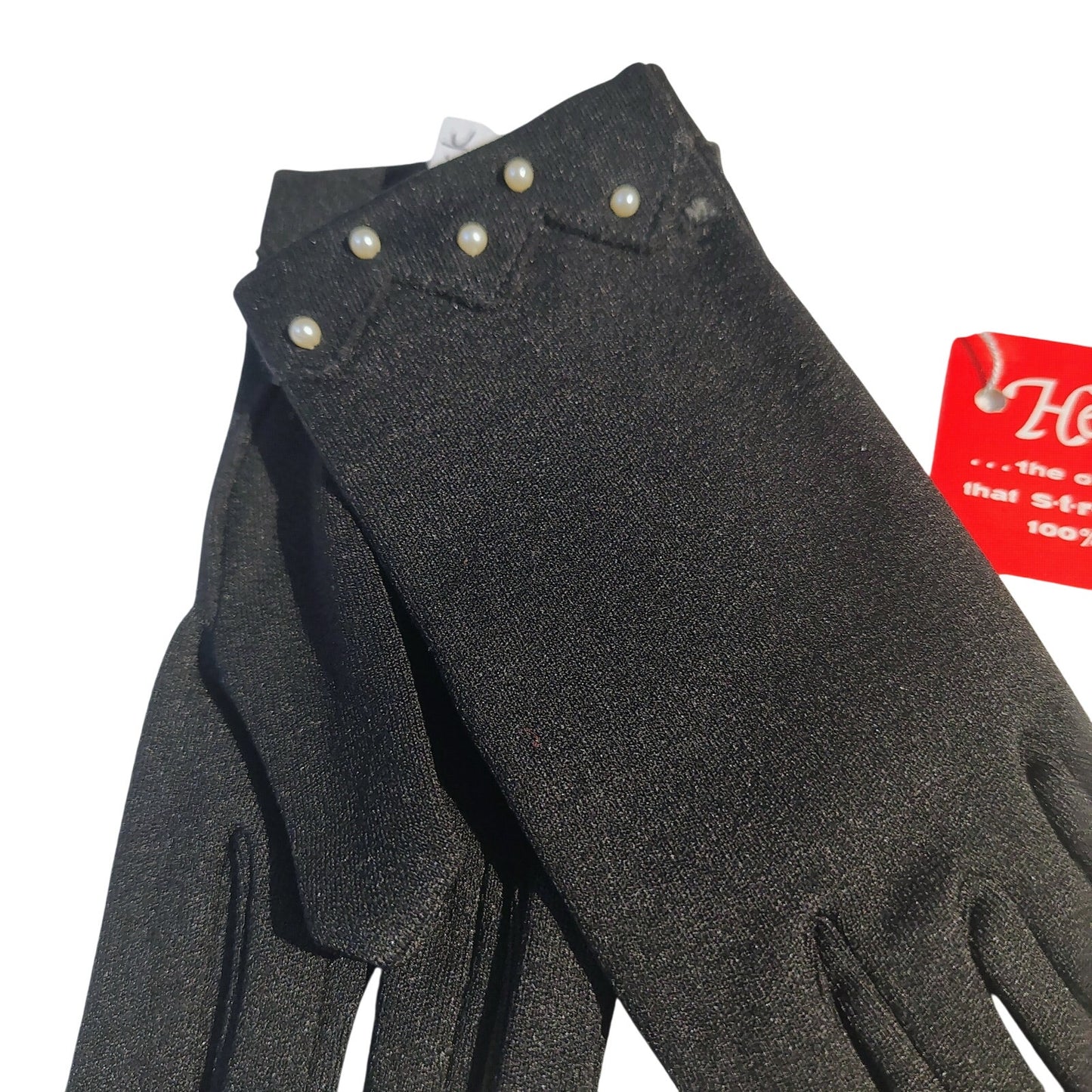 Black Mini Cream Pearl Nylon Evening Gloves New With Tag Mint Vintage Helena