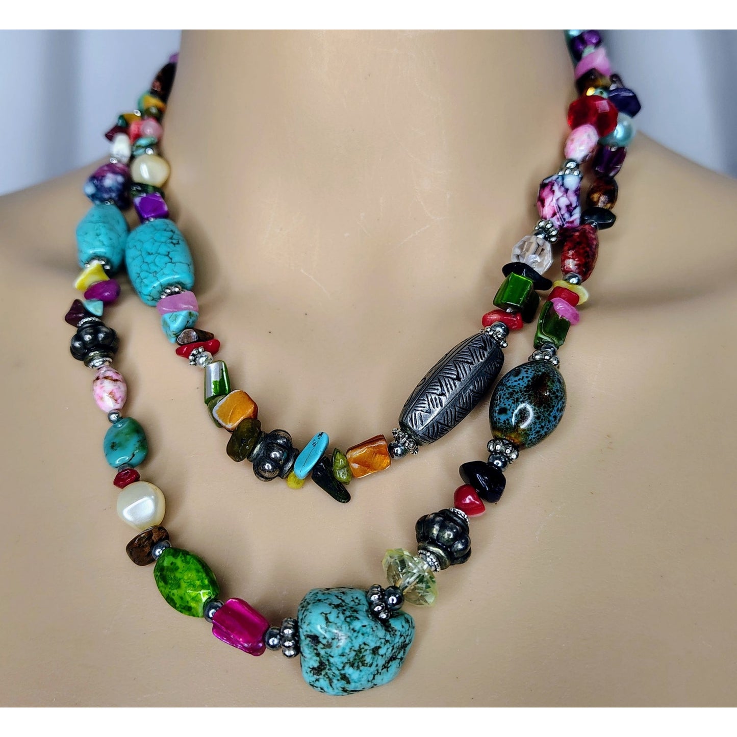 Bohemian Turquoise Rose Quartz Mix Semi-Precious Stones Double Strand Necklace