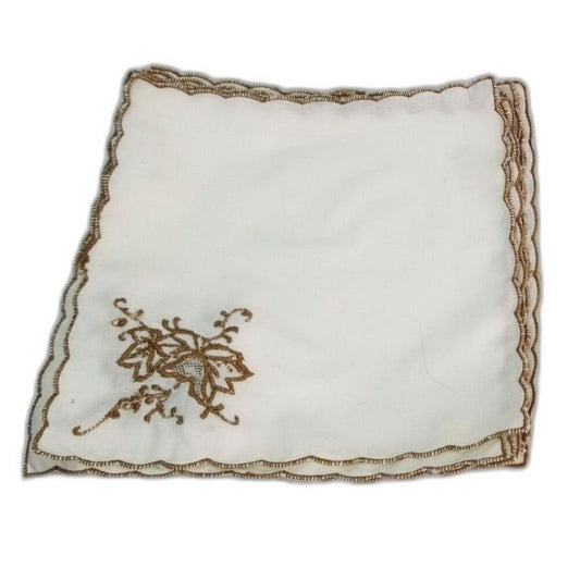 Vintage 70s White Gold Cloth Embroidered Cocktail Napkin Glass Covers Set of 11