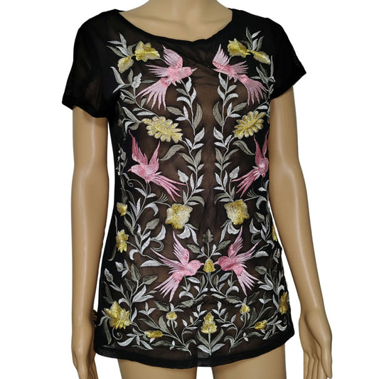 INC Int'l Concepts Sheer Hummingbird Metallic Embroidered Top without Cami Small