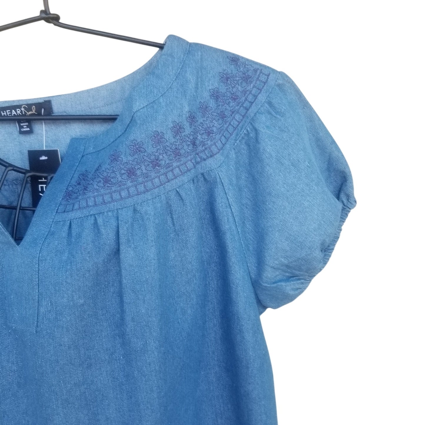 Heart Soul Embroidered Short Blue Jean Dress Cap Sleeves Lined Lace Hemline Size Large