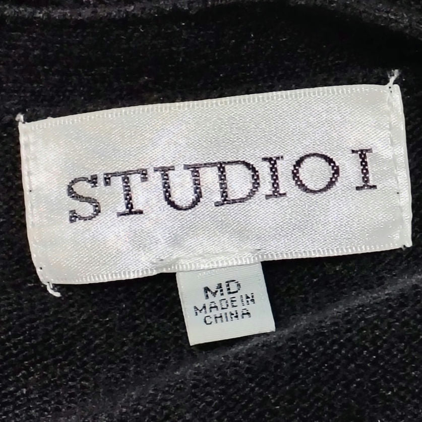 Studio 1 Striped Belted Midi Knit Fit & Flare V Neck Sweater Dress Black Size M