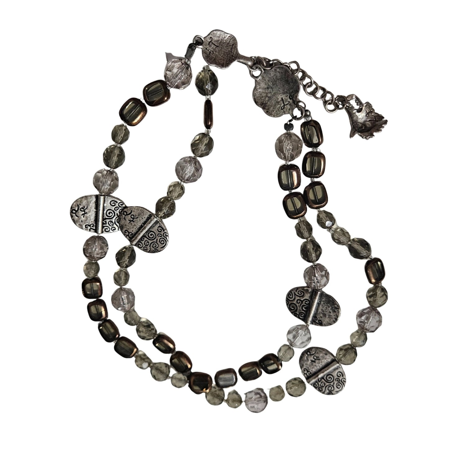 Smoky Bronze Clear Glass Double Strand Beaded Choker Necklace Silver Charms